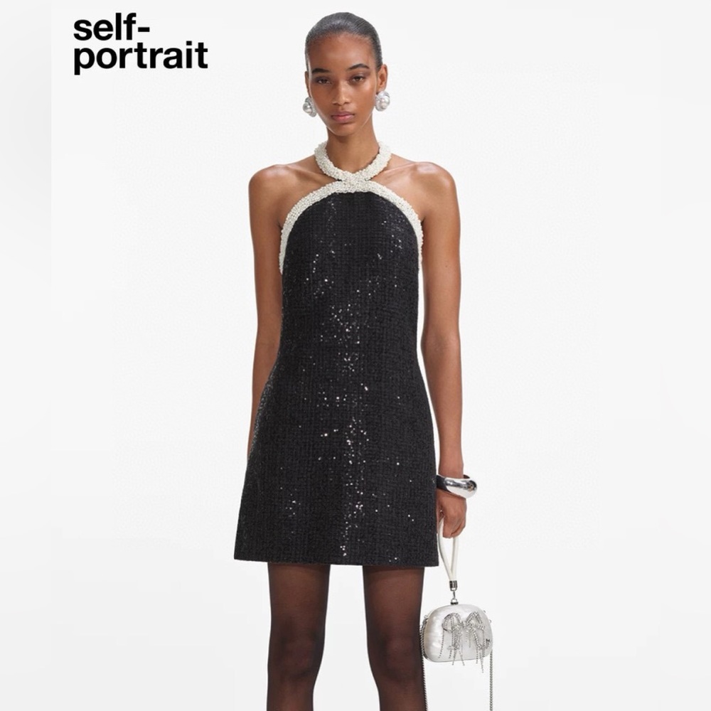 Self-Portrait Black Boucle Pearl Trim Mini Dress